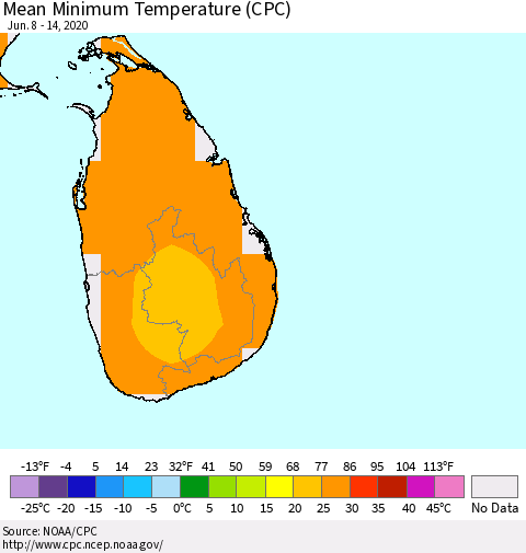 Sri Lanka Minimum Temperature (CPC) Thematic Map For 6/8/2020 - 6/14/2020