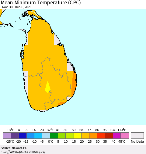 Sri Lanka Minimum Temperature (CPC) Thematic Map For 11/30/2020 - 12/6/2020