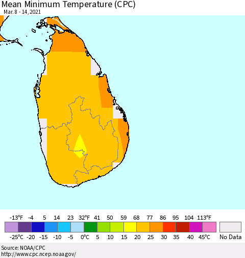 Sri Lanka Mean Minimum Temperature (CPC) Thematic Map For 3/8/2021 - 3/14/2021