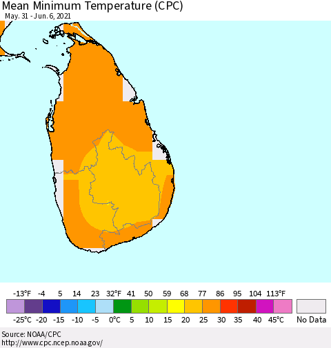 Sri Lanka Minimum Temperature (CPC) Thematic Map For 5/31/2021 - 6/6/2021