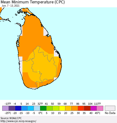 Sri Lanka Minimum Temperature (CPC) Thematic Map For 6/7/2021 - 6/13/2021