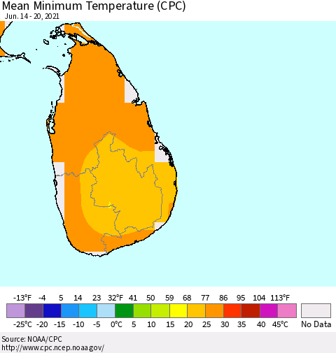 Sri Lanka Minimum Temperature (CPC) Thematic Map For 6/14/2021 - 6/20/2021