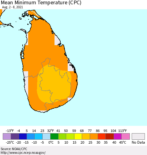 Sri Lanka Minimum Temperature (CPC) Thematic Map For 8/2/2021 - 8/8/2021