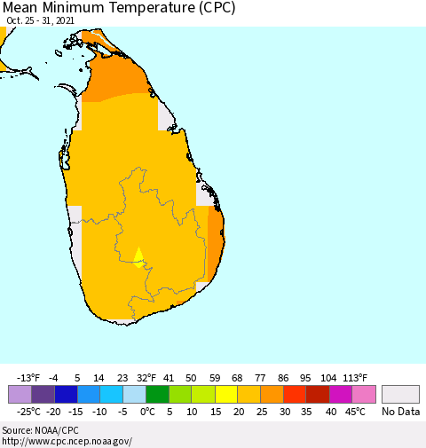 Sri Lanka Minimum Temperature (CPC) Thematic Map For 10/25/2021 - 10/31/2021