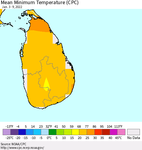 Sri Lanka Mean Minimum Temperature (CPC) Thematic Map For 1/3/2022 - 1/9/2022