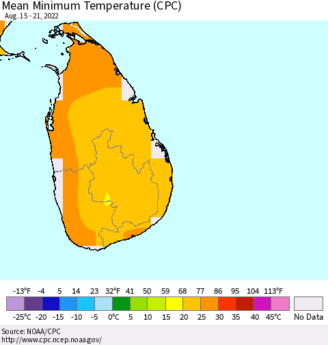 Sri Lanka Mean Minimum Temperature (CPC) Thematic Map For 8/15/2022 - 8/21/2022