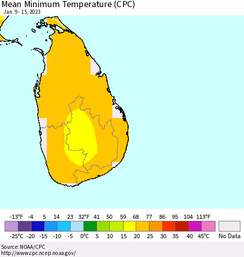 Sri Lanka Mean Minimum Temperature (CPC) Thematic Map For 1/9/2023 - 1/15/2023
