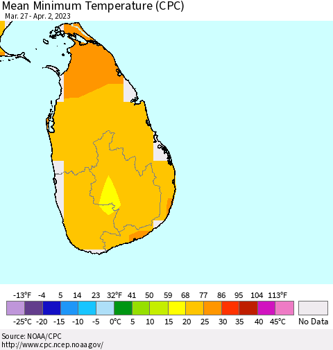 Sri Lanka Mean Minimum Temperature (CPC) Thematic Map For 3/27/2023 - 4/2/2023