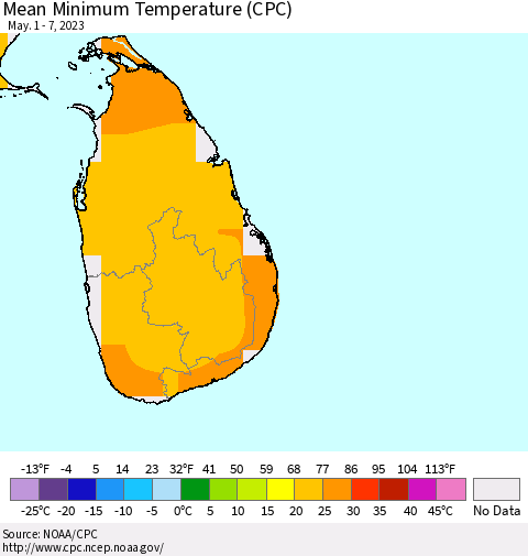 Sri Lanka Mean Minimum Temperature (CPC) Thematic Map For 5/1/2023 - 5/7/2023