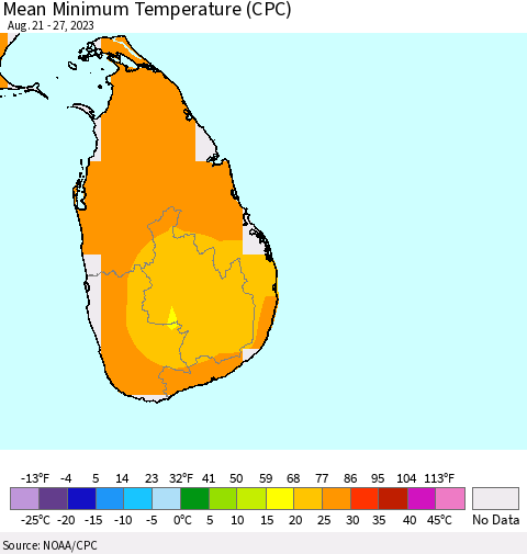 Sri Lanka Mean Minimum Temperature (CPC) Thematic Map For 8/21/2023 - 8/27/2023