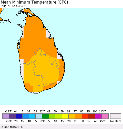 Sri Lanka Mean Minimum Temperature (CPC) Thematic Map For 8/28/2023 - 9/3/2023