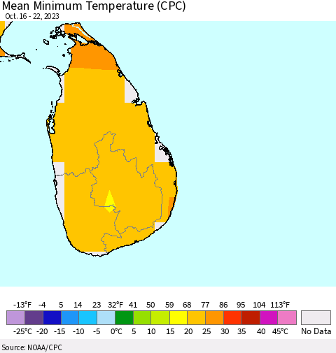 Sri Lanka Mean Minimum Temperature (CPC) Thematic Map For 10/16/2023 - 10/22/2023