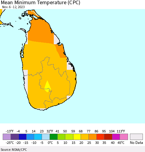 Sri Lanka Mean Minimum Temperature (CPC) Thematic Map For 11/6/2023 - 11/12/2023