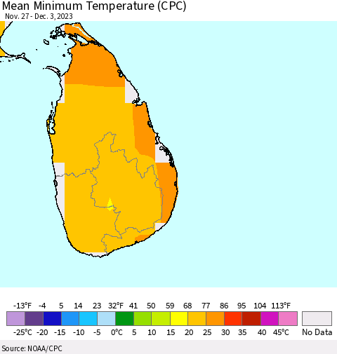 Sri Lanka Mean Minimum Temperature (CPC) Thematic Map For 11/27/2023 - 12/3/2023
