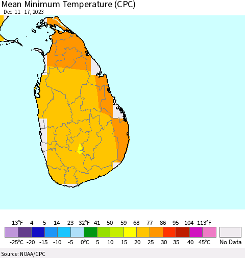 Sri Lanka Mean Minimum Temperature (CPC) Thematic Map For 12/11/2023 - 12/17/2023