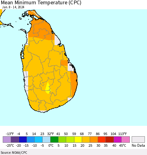 Sri Lanka Mean Minimum Temperature (CPC) Thematic Map For 1/8/2024 - 1/14/2024