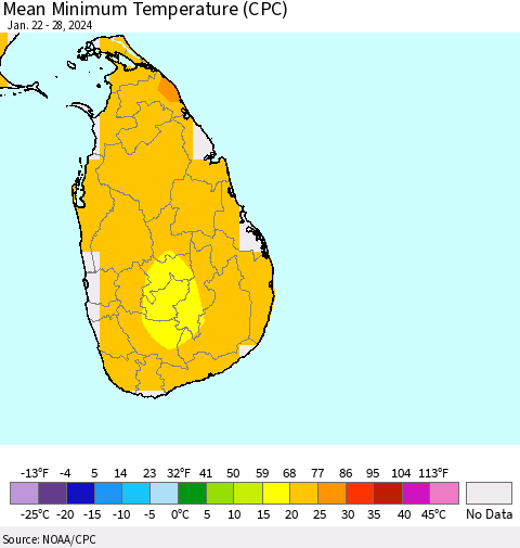 Sri Lanka Mean Minimum Temperature (CPC) Thematic Map For 1/22/2024 - 1/28/2024