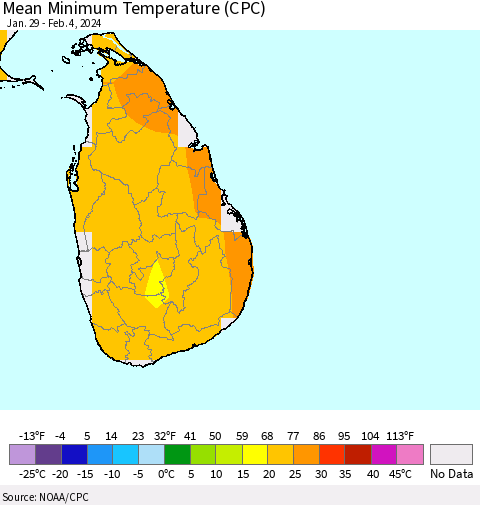 Sri Lanka Mean Minimum Temperature (CPC) Thematic Map For 1/29/2024 - 2/4/2024