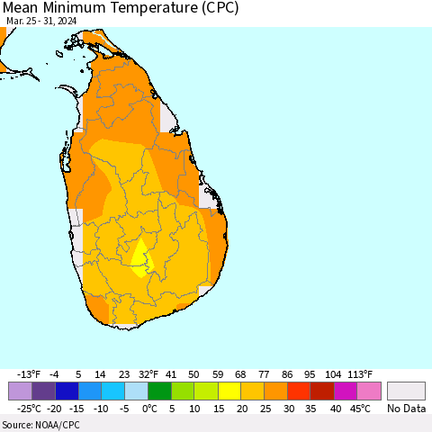 Sri Lanka Mean Minimum Temperature (CPC) Thematic Map For 3/25/2024 - 3/31/2024