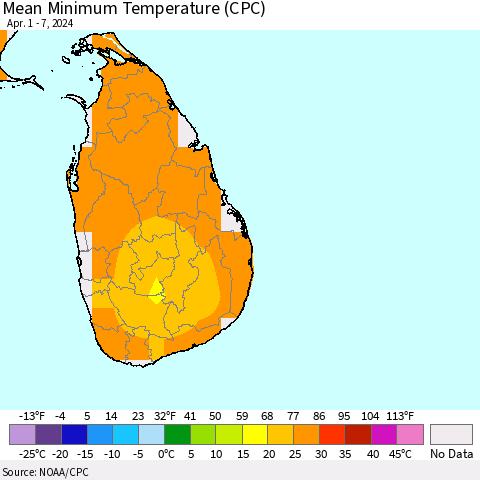 Sri Lanka Mean Minimum Temperature (CPC) Thematic Map For 4/1/2024 - 4/7/2024