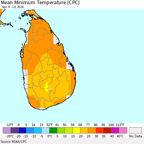 Sri Lanka Mean Minimum Temperature (CPC) Thematic Map For 4/8/2024 - 4/14/2024