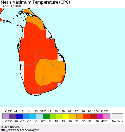 Sri Lanka Maximum Temperature (CPC) Thematic Map For 1/6/2020 - 1/12/2020