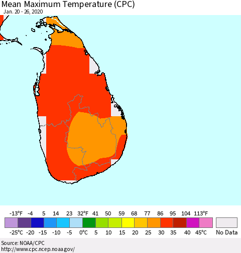 Sri Lanka Mean Maximum Temperature (CPC) Thematic Map For 1/20/2020 - 1/26/2020