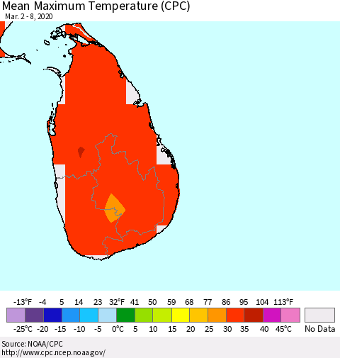 Sri Lanka Maximum Temperature (CPC) Thematic Map For 3/2/2020 - 3/8/2020