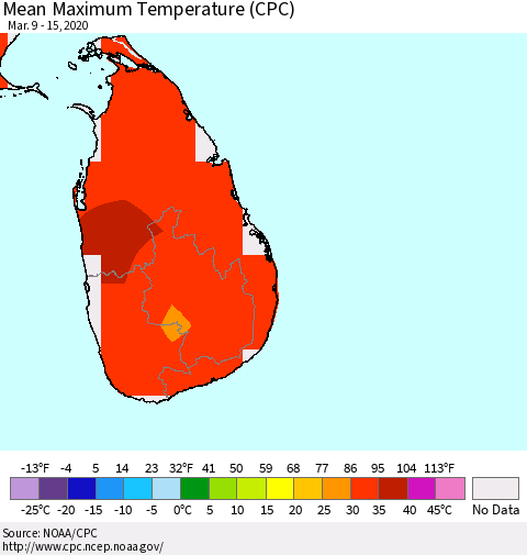 Sri Lanka Mean Maximum Temperature (CPC) Thematic Map For 3/9/2020 - 3/15/2020