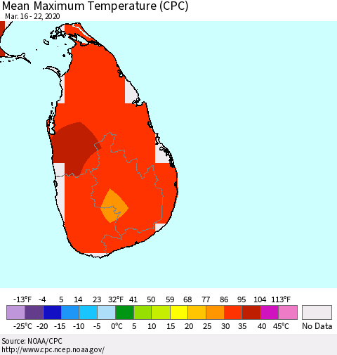 Sri Lanka Mean Maximum Temperature (CPC) Thematic Map For 3/16/2020 - 3/22/2020