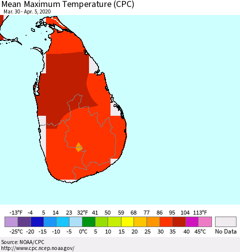 Sri Lanka Mean Maximum Temperature (CPC) Thematic Map For 3/30/2020 - 4/5/2020