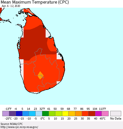 Sri Lanka Mean Maximum Temperature (CPC) Thematic Map For 4/6/2020 - 4/12/2020