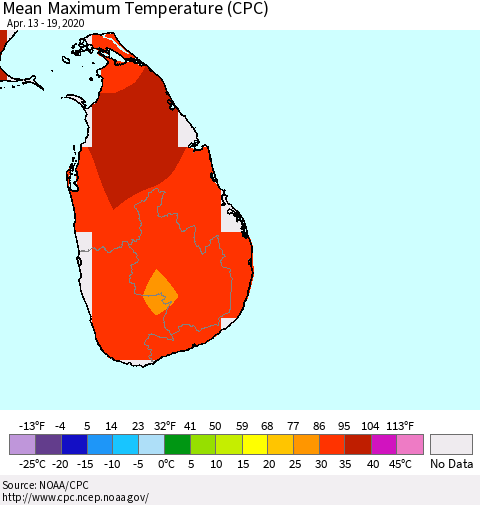 Sri Lanka Mean Maximum Temperature (CPC) Thematic Map For 4/13/2020 - 4/19/2020