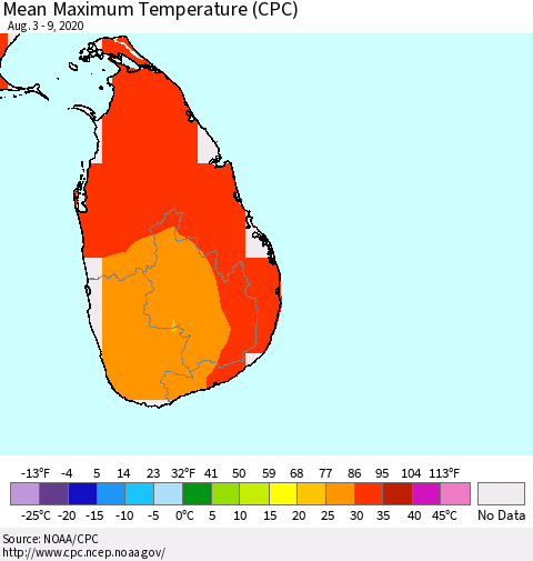 Sri Lanka Maximum Temperature (CPC) Thematic Map For 8/3/2020 - 8/9/2020
