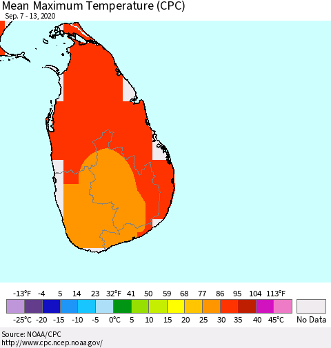 Sri Lanka Mean Maximum Temperature (CPC) Thematic Map For 9/7/2020 - 9/13/2020