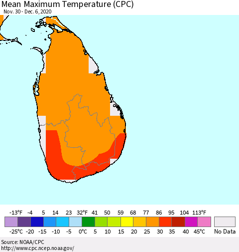 Sri Lanka Mean Maximum Temperature (CPC) Thematic Map For 11/30/2020 - 12/6/2020