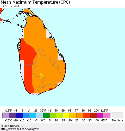 Sri Lanka Mean Maximum Temperature (CPC) Thematic Map For 2/1/2021 - 2/7/2021