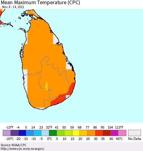 Sri Lanka Mean Maximum Temperature (CPC) Thematic Map For 11/8/2021 - 11/14/2021