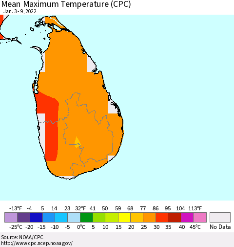 Sri Lanka Mean Maximum Temperature (CPC) Thematic Map For 1/3/2022 - 1/9/2022