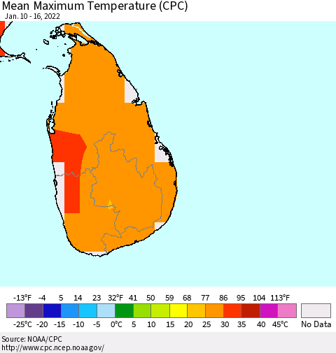 Sri Lanka Mean Maximum Temperature (CPC) Thematic Map For 1/10/2022 - 1/16/2022