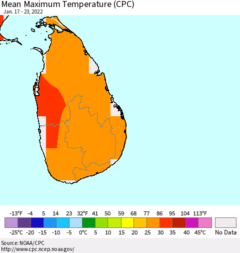 Sri Lanka Mean Maximum Temperature (CPC) Thematic Map For 1/17/2022 - 1/23/2022