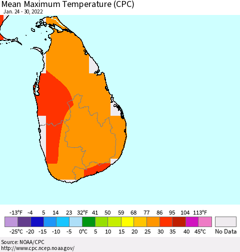 Sri Lanka Mean Maximum Temperature (CPC) Thematic Map For 1/24/2022 - 1/30/2022