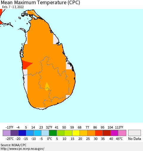 Sri Lanka Mean Maximum Temperature (CPC) Thematic Map For 2/7/2022 - 2/13/2022