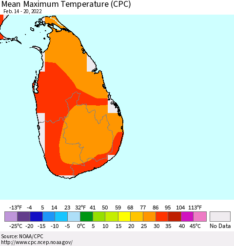 Sri Lanka Mean Maximum Temperature (CPC) Thematic Map For 2/14/2022 - 2/20/2022