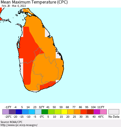 Sri Lanka Mean Maximum Temperature (CPC) Thematic Map For 2/28/2022 - 3/6/2022