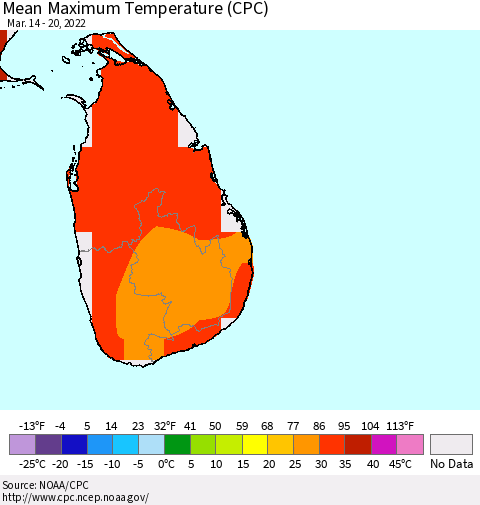 Sri Lanka Mean Maximum Temperature (CPC) Thematic Map For 3/14/2022 - 3/20/2022