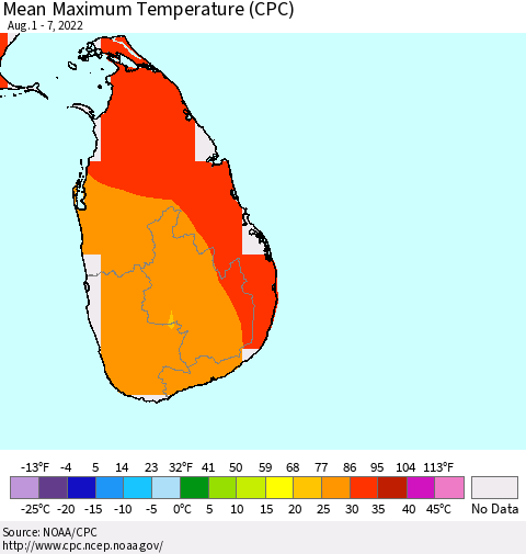 Sri Lanka Mean Maximum Temperature (CPC) Thematic Map For 8/1/2022 - 8/7/2022