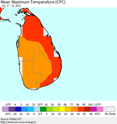 Sri Lanka Mean Maximum Temperature (CPC) Thematic Map For 10/17/2022 - 10/23/2022
