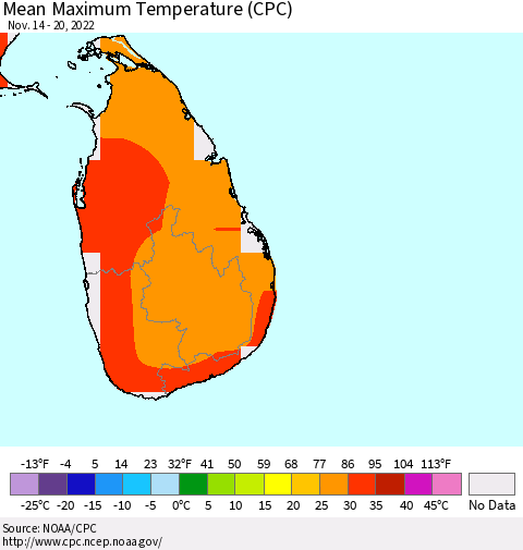 Sri Lanka Mean Maximum Temperature (CPC) Thematic Map For 11/14/2022 - 11/20/2022