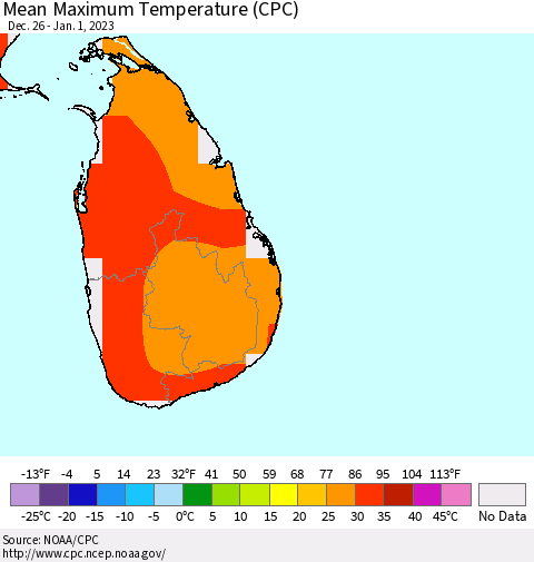 Sri Lanka Mean Maximum Temperature (CPC) Thematic Map For 12/26/2022 - 1/1/2023